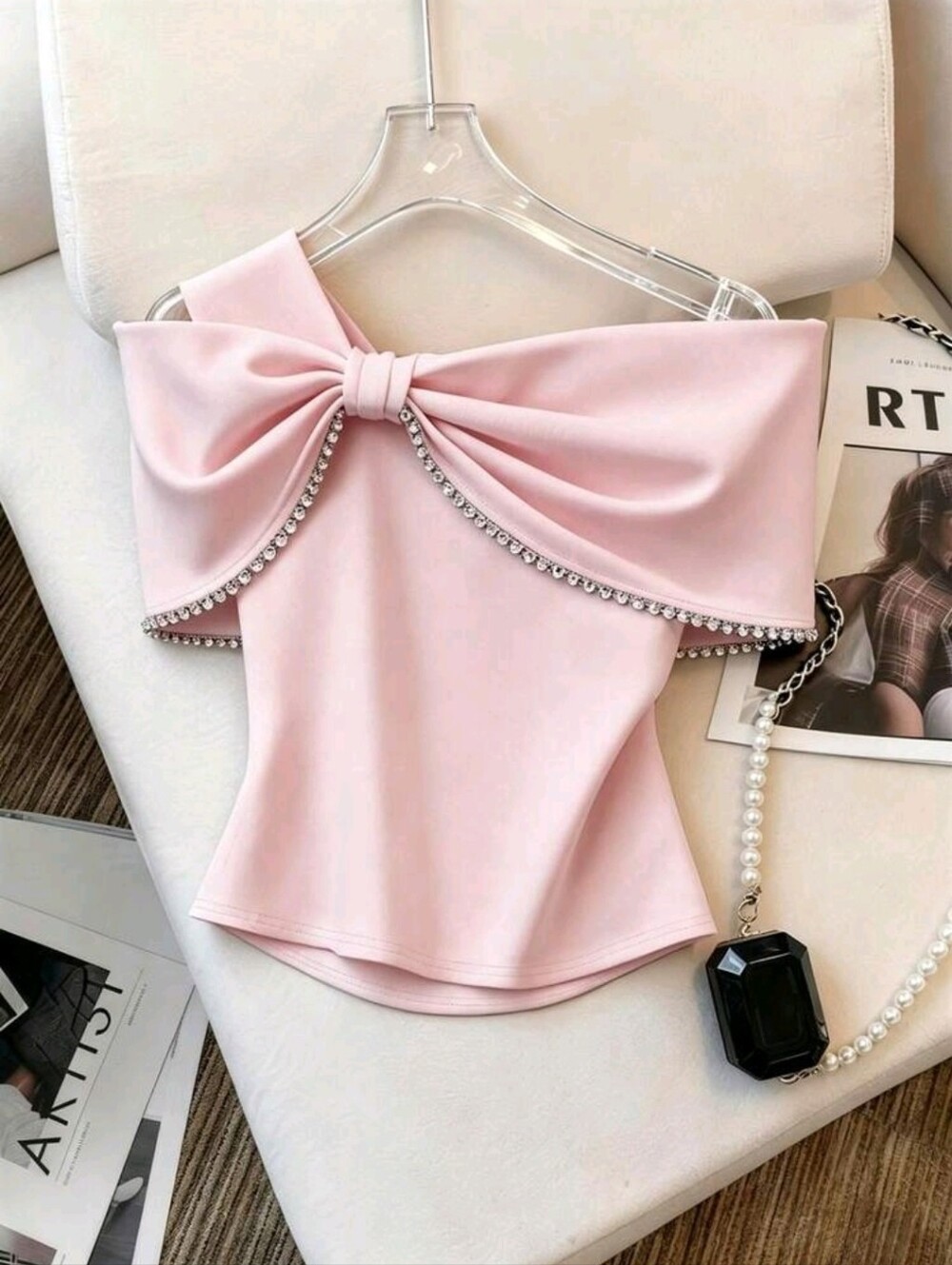 Franclia Rhinestone Trim Cold Shoulder Big Bow Top